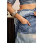 Generic Women's Linen Cotton Printed Ready To Wear With Pocket Saree With Unstitched Blouse 5.5 Mtr (Light_Blue) - Image 2