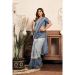 Generic Women's Linen Cotton Printed Ready To Wear With Pocket Saree With Unstitched Blouse 5.5 Mtr (Light_Blue) - Image 3