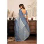 Generic Women's Linen Cotton Printed Ready To Wear With Pocket Saree With Unstitched Blouse 5.5 Mtr (Light_Blue) - Image 4