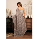 Generic Women's Linen Cotton Printed Ready To Wear With Pocket Saree With Unstitched Blouse 5.5 Mtr (Light_Brown) - Image 4