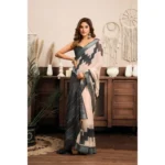 Generic Women's Linen Cotton Printed Ready To Wear With Pocket Saree With Unstitched Blouse 5.5 Mtr (Light_Beige) - Image 3