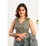 Generic Women's Linen Cotton Printed Ready To Wear With Pocket Saree With Unstitched Blouse 5.5 Mtr (Grey) - Image 2