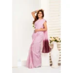 Generic Women's Linen Cotton Printed Ready To Wear With Pocket Saree With Unstitched Blouse 5.5 Mtr (Light_Pink) - Image 3