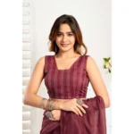 Generic Women's Linen Cotton Printed Ready To Wear With Pocket Saree With Unstitched Blouse 5.5 Mtr (Maroon) - Image 2