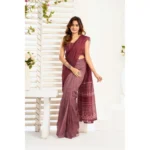 Generic Women's Linen Cotton Printed Ready To Wear With Pocket Saree With Unstitched Blouse 5.5 Mtr (Maroon) - Image 3