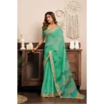 Generic Women's Linen Cotton Printed Ready To Wear With Pocket Saree With Unstitched Blouse 5.5 Mtr (Light_Green) - Image 3