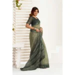 Generic Women's Linen Cotton Printed Ready To Wear With Pocket Saree With Unstitched Blouse 5.5 Mtr (Olive) - Image 3