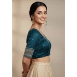 Generic Women's Vichitra Silk V Neck Padded Blouse (Teal, 38 Ready Size (Self-Alterable 36–40) - Image 3