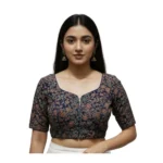 Generic Women's Ajrakh Cotton Round Neck Padded Blouse (Navy, 38 Ready Size (Self-Alterable 36–40)