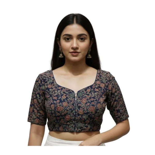 Generic Women's Ajrakh Cotton Round Neck Padded Blouse (Navy, 38 Ready Size (Self-Alterable 36–40)