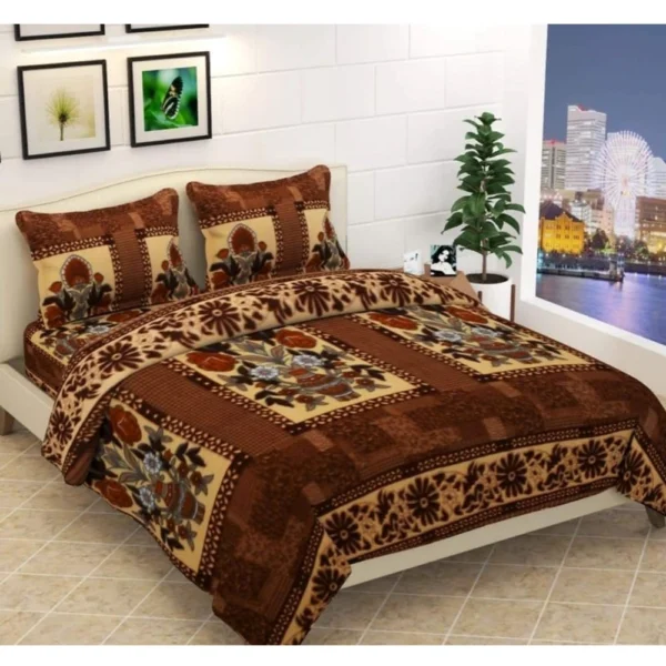 Generic Fleece Floral Printed Double Polar Warm Bedsheet with 2 Pillow Cover (Brown)
