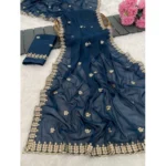 Generic Women's Georgette Embroidered Saree With Unstitched Blouse 5.5Mtr (Blue) - Image 2