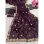 Generic Women's Georgette Embroidered Saree With Unstitched Blouse 5.5Mtr (Wine) - Image 2