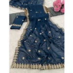 Generic Women's Georgette Embroidered Saree With Unstitched Blouse 5.5Mtr (Blue)
