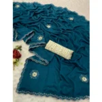 Generic Women's Chiffon Butti Dotted Saree With Unstitched Blouse 5.5Mtr (Blue) - Image 2