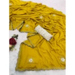 Generic Women's Chiffon Butti Dotted Saree With Unstitched Blouse 5.5Mtr (Yellow) - Image 2