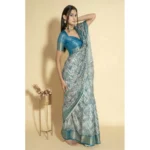 Generic Women's Polyester Printed Saree With Unstitched Blouse 5.5 Mtr (Turquoise) - Image 4