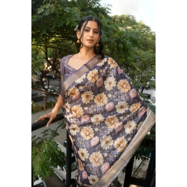Generic Women's Polyester Printed Saree With Unstitched Blouse 5.5 Mtr (Purple)