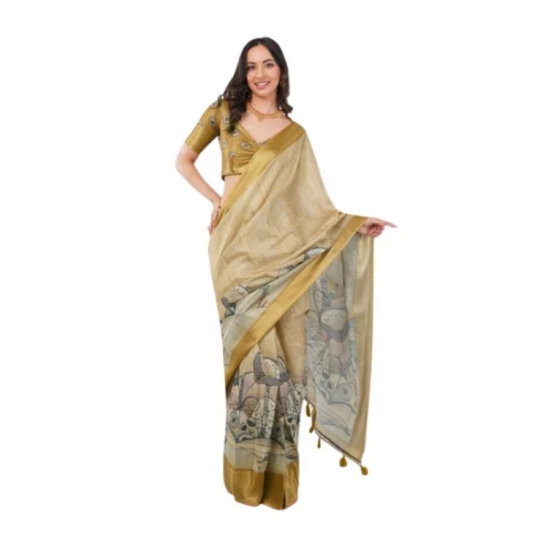 Generic Women's Polyester Printed Ready To Wear Saree With Unstitched Blouse 5.5 Mtr (Gold)