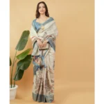 Generic Women's Polyester Printed Saree With Unstitched Blouse 5.5 Mtr (Cream) - Image 4