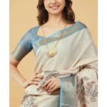 Generic Women's Polyester Printed Saree With Unstitched Blouse 5.5 Mtr (Cream) - Image 2