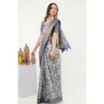 Generic Women's Polyester Printed Saree With Unstitched Blouse 5.5 Mtr (Grey) - Image 3