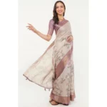 Generic Women's Polyester Printed Saree With Unstitched Blouse 5.5 Mtr (Cream) - Image 4