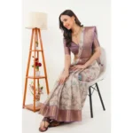 Generic Women's Polyester Printed Saree With Unstitched Blouse 5.5 Mtr (Cream) - Image 2