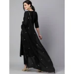 Generic Women's Tesla Silk Embroidered U-Neck Kurti With Pant Dupatta Set (Black) - Image 4