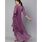 Generic Women's Tesla Silk Embroidered U-Neck Kurti With Pant Dupatta Set (Light Purple) - Image 2