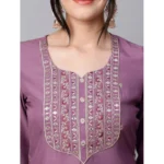 Generic Women's Tesla Silk Embroidered U-Neck Kurti With Pant Dupatta Set (Light Purple) - Image 4