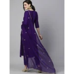 Generic Women's Tesla Silk Embroidered U-Neck Kurti With Pant Dupatta Set (Dark Purple) - Image 4