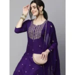 Generic Women's Tesla Silk Embroidered U-Neck Kurti With Pant Dupatta Set (Dark Purple) - Image 3