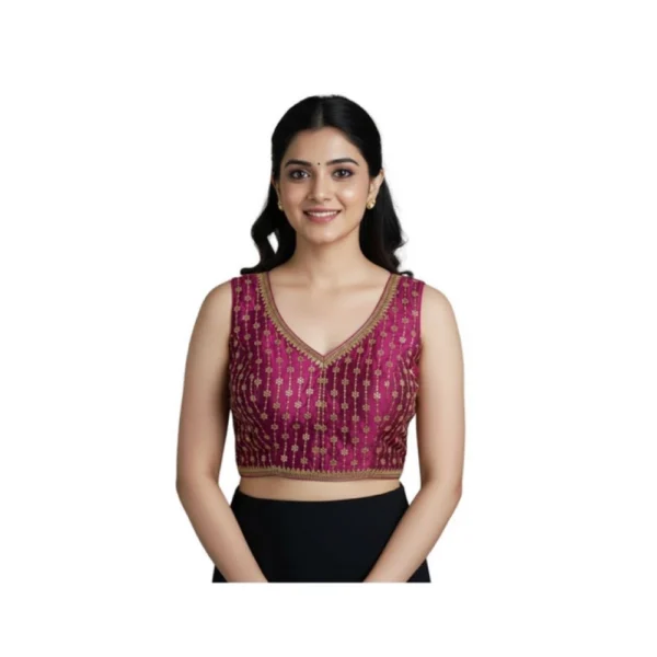 Generic Women's Silk Blend Embroidered V-Neck Non Padded Blouse (Dark Wine 38 Ready (Alterable up to 42)