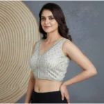 Generic Women's Silk Blend Embroidered V-Neck Non Padded Blouse (White 38 Ready (Alterable up to 42) - Image 3