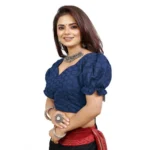 Generic Women's Cotton Embroidered V-Neck Non Padded Blouse (Navy 36 Ready (Alterable up to 42) - Image 2