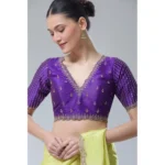 Generic Women's Banarasi Silk Sequence V Neck Non Padded Blouse (Purple 38 Ready (Alterable up to 42) - Image 3