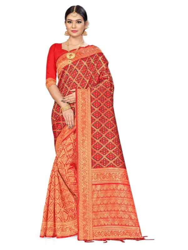 Women's Banarasi silk Saree with Blouse (Red,black, 5-6mtr)