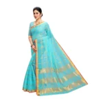 Women's Kota Doria Cotton Saree With Blouse (Sky Blue,6-3 Mtrs) - Image 3