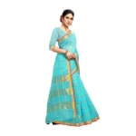 Women's Kota Doria Cotton Saree With Blouse (Sky Blue,6-3 Mtrs) - Image 2