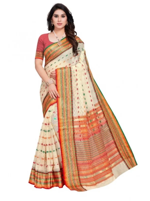 Women's Kota Doria Cotton Woven Butta Saree With Blouse (Cream, 5-6 Mtrs)