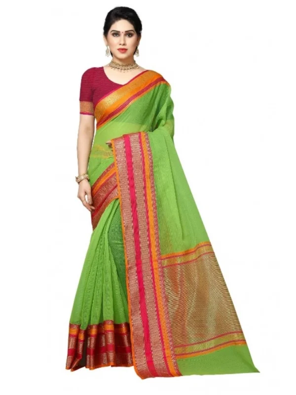 Women's Kota Doria Cotton Border Saree With Blouse (Light Green, 5-6 Mtrs)