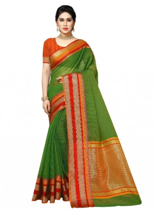 Women's Kota Doria Cotton Border Saree With Blouse (Green, 5-6 Mtrs)