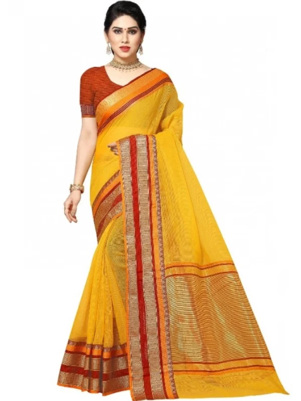 Women's Kota Doria Cotton Border Saree With Blouse (Yellow, 5-6 Mtrs)