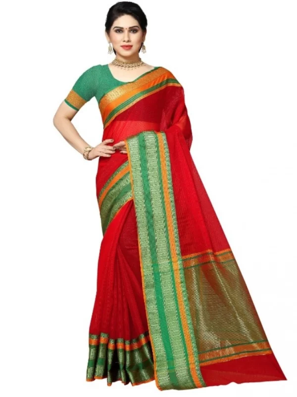 Women's Kota Doria Cotton Border Saree With Blouse (Red, 5-6 Mtrs)
