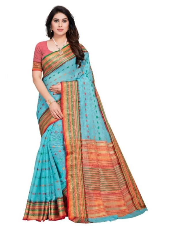 Women's Kota Doria Cotton Woven Butta Saree With Blouse (Sky Blue, 5-6 Mtrs)