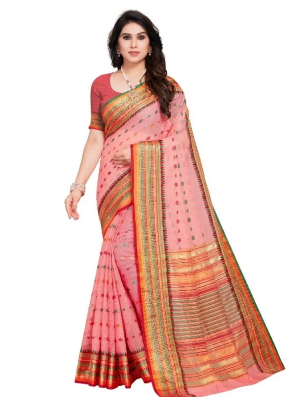 Women's Kota Doria Cotton Woven Butta Saree With Blouse (Pink, 5-6 Mtrs)