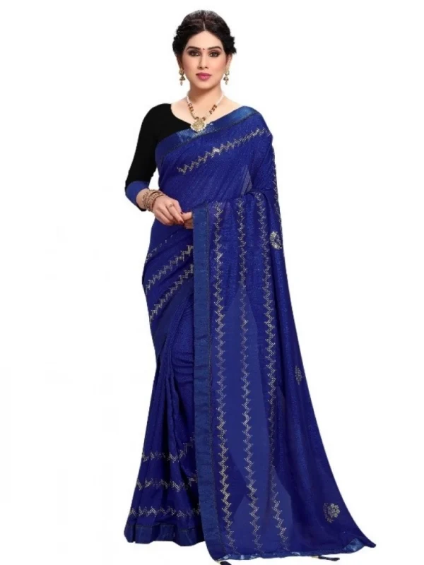 Women's Vichitra Silk HotFix Stone Work Saree With Blouse (Blue, 5-6 Mtrs)