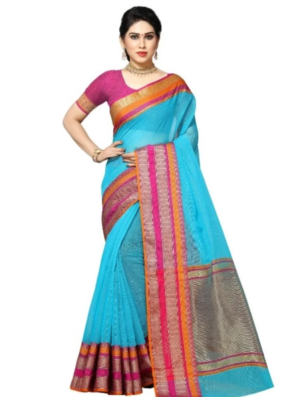 Women's Kota Doria Cotton Border Saree With Blouse (Sky Blue, 5-6 Mtrs)