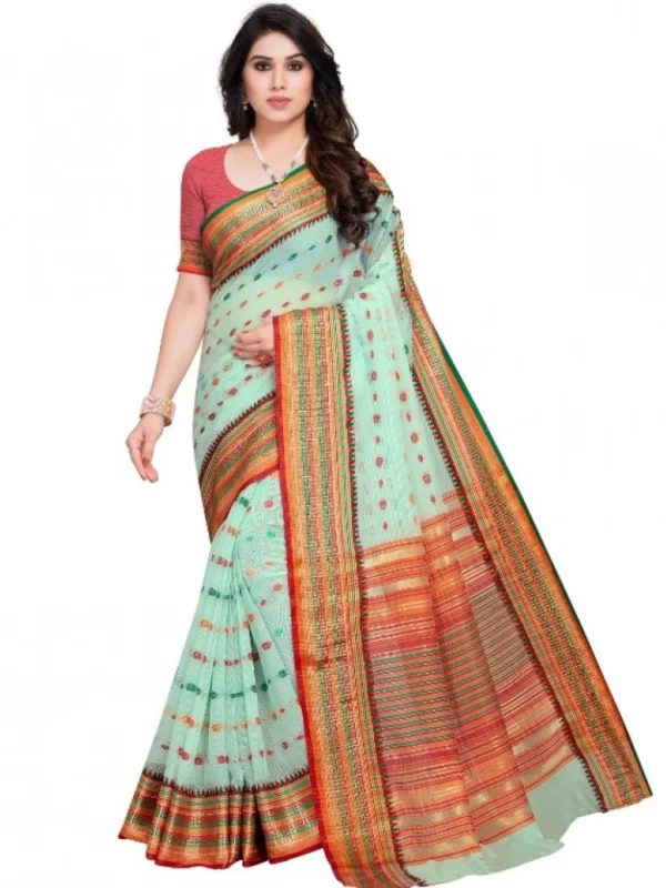 Women's Kota Doria Cotton Woven Butta Saree With Blouse (Pista, 5-6 Mtrs)